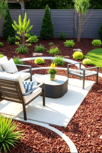 Beautiful landscaped backyard patio with mulch and greenery